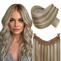 RUNATURE Invisible Wire Hair Extensions Real Human Hair, One Piece Fish Line Hair Extensions, Full Head Remy Hair for Women, Natural Looking, Brown Highlight Blonde 16 Inch 80g #8P24