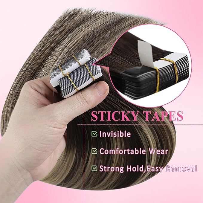 YoungSee Tape in Hair Extensions Real Human Hair Balayage Tape Extensions Human Hair Dark Brown Ombre Blonde with Brown Tape in Extension Real Hair 22 Inch 20pcs 50g Soft Hair Extension