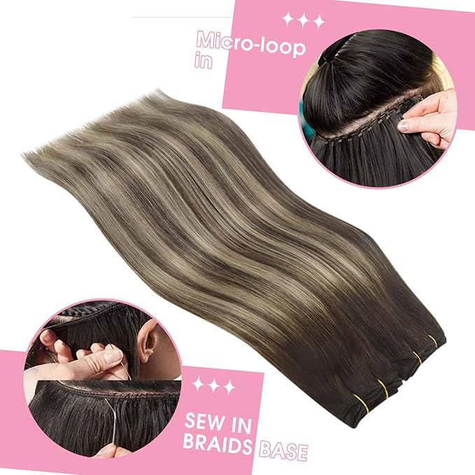 YoungSee Sew in Human Hair Extensions Balayage Hand Tied Weft Hair Extensions Human Hair Sew in Extensions Chocolate Brown with Ash Blonde Balayage Straight Hair Bundle 18Inch 100G