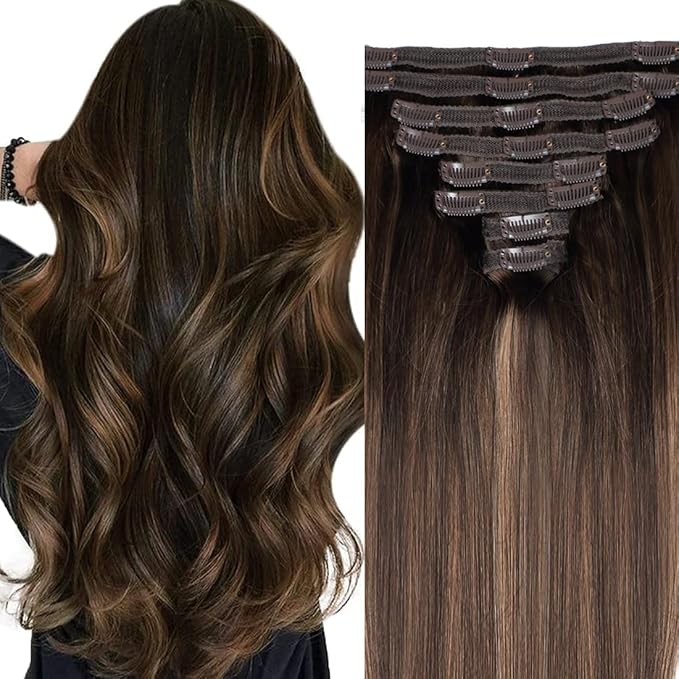 Straight Clip In Hair Extensions Real Human Hair 8Pcs Clip In Balayage Dark Brown to Chestnut Brown Human Hair Extensions with 18Clips Lace Weft 120g 14inch