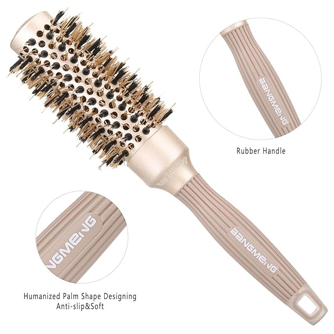Round Barrel Anti-Static Hair Brush with Boar Bristles, Nano Thermal Ceramic Ionic Tech | For Extra Shine | Protect Hair, Enhance Texture, For Straightening & Drying (1 1/4 inch)