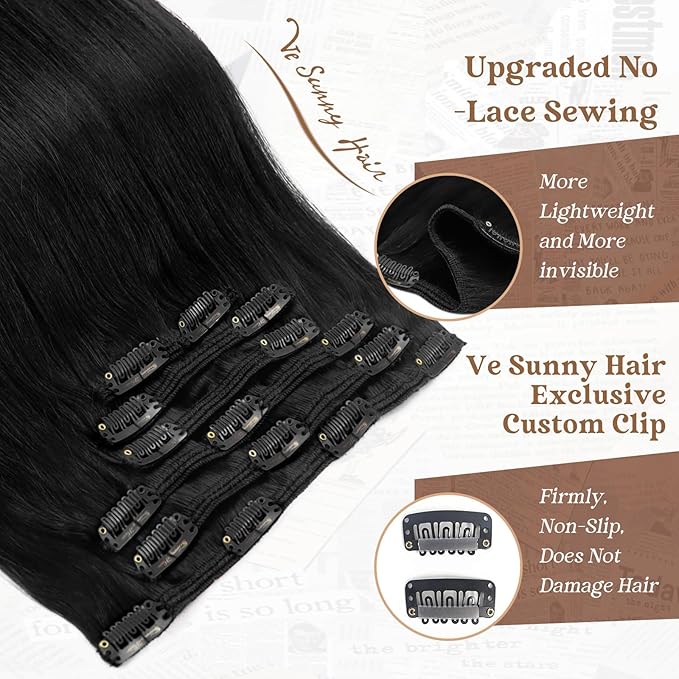 Ve Sunny Human Hair Clip in Extensions, Clip in Extensions Real Human Hair, Black Clip in Hair Extensions Straight Hair Extensions for Thin Hair 16inch 120g 7pcs