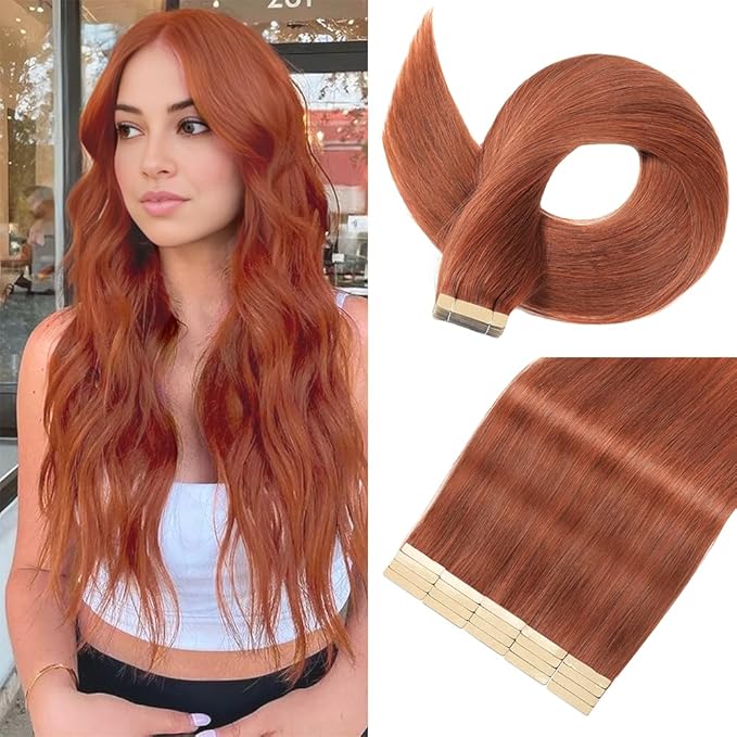 Tape in Hair Extensions Human Hair Dark Reddish Auburn 22 Inch 20Pcs Tape Ins for Women Straight Invisible Seamless Remy