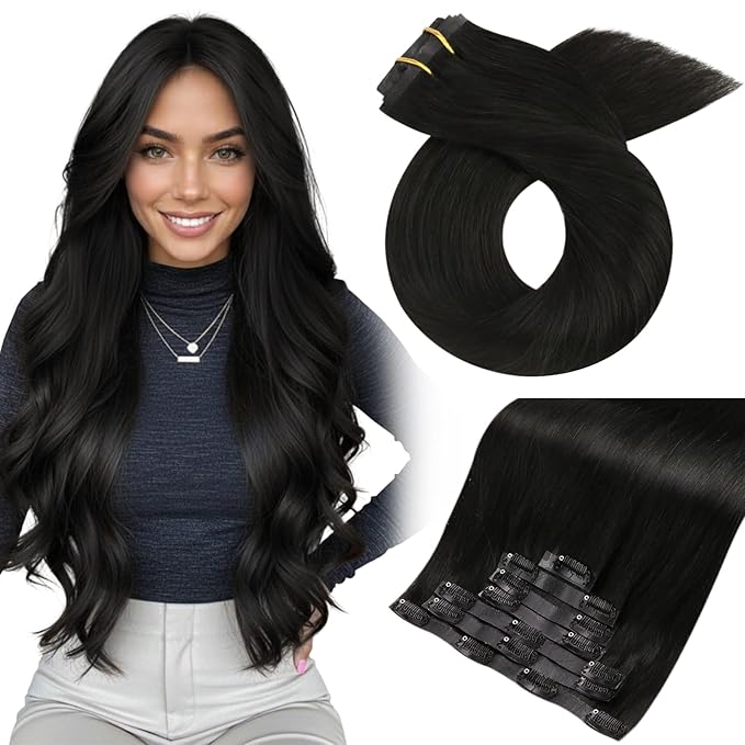 Moresoo Clip in Hair Extensions Seamless Human Hair Clip ins Natural Black for Daily Use Invisible Pure Weft for Women Long And Straight Can Style And Curl 120g/7pcs 22in