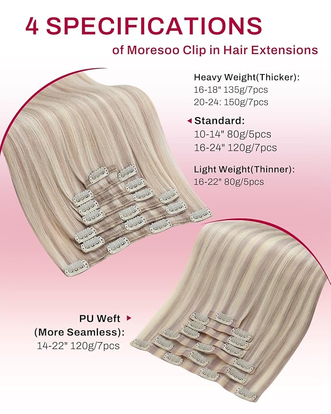 Moresoo Ash Blonde Clip in Hair Extensions Highlighted Straight Short Hair Clip in Extensions Real Human Hair for Women Short 80g/5pcs 12 inch