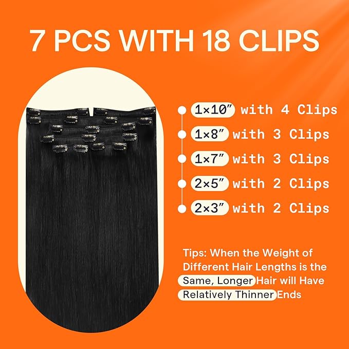 Full Shine Clip in Hair Extensions Black Women Jet Black Human Hair Extensions for Thinning Hair 7 Pcs 12 Inch 95 G
