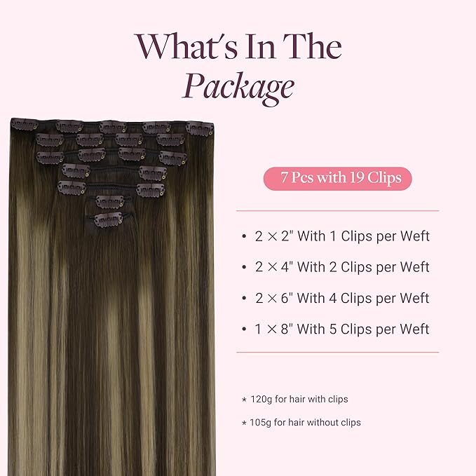 GOO GOO Clip in Hair Extensions Real Human Hair, Remy Human Hair Extensions Clip ins for Women, Natural Human Hair, 16inch 120g 7Pcs, 4/26/4 Balayage Chocolate Brown to Honey Blonde