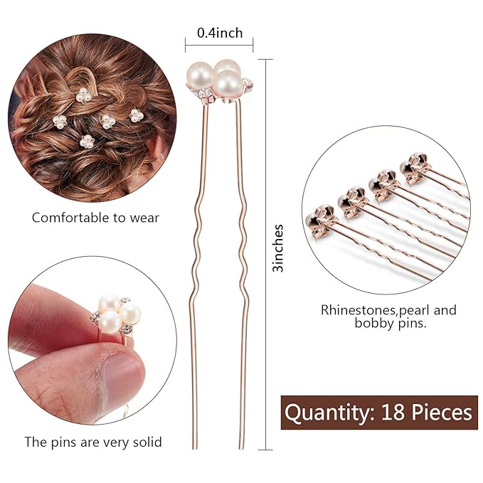 WILLBOND 18 Pcs Pearl Hair Pins Bridal Wedding Hair Accessories Crystal Bobby Pin for Brides Bridesmaids Flower Women Girls(Rose Gold)