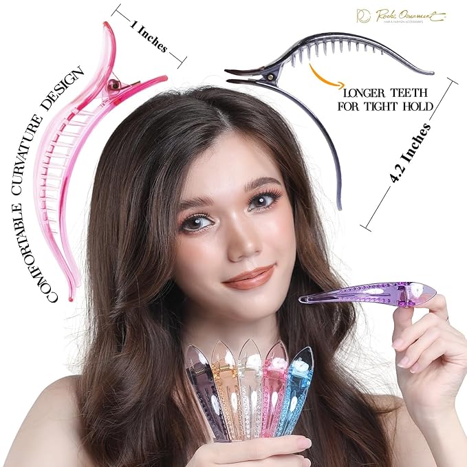 RC ROCHE 6 Pcs Duck Bill Alligator Hair Clips for Women Sectioning Flat Claw Long Thick Hair Inner Teeth Curved Styling Jaw Strong Secure Grip Salon, Large Transparent Multicolor