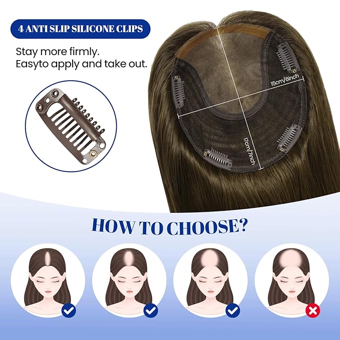 WORLDSTAR Hair Topper for Women Real Human Hair 360°3D Coverage Hairpieces Hand-stitched, No Bangs,65g,6 * 7 Inch Base,14 Inch #4 Medium Brown with Top Extension for Thinning Hair (tp#4-14)
