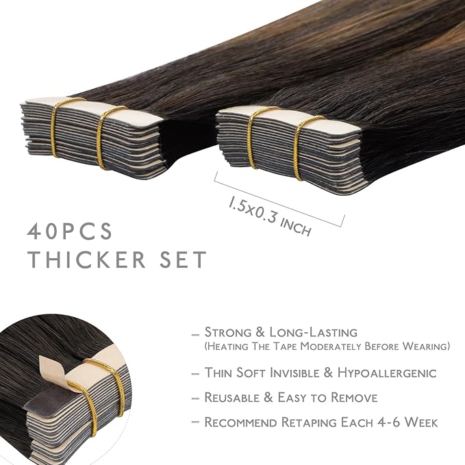 WENNALIFE Tape in Hair Extensions Human Hair, 40pcs 100g 24 inch Balayage Dark Brown Mixed Chestnut Brown Hair Extensions Real Human Hair Straight Tape in Extensions Invisible Human Hair Extensions