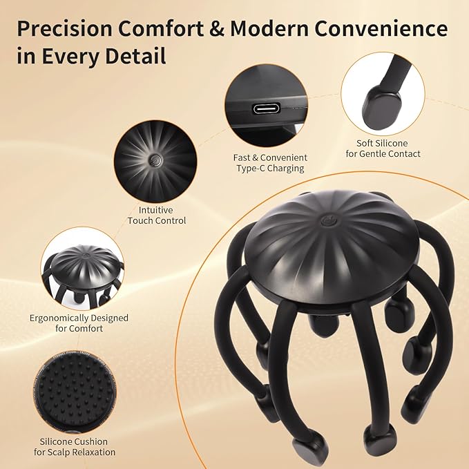 Electric Scalp Massager – Automatic Octopus Head Massage Tool for Hair & Scalp Comfort, Promotes Relaxation, Soothes Tension & Tiredness, with 8 Massage Heads, Scratchers, and 360° Massage Design