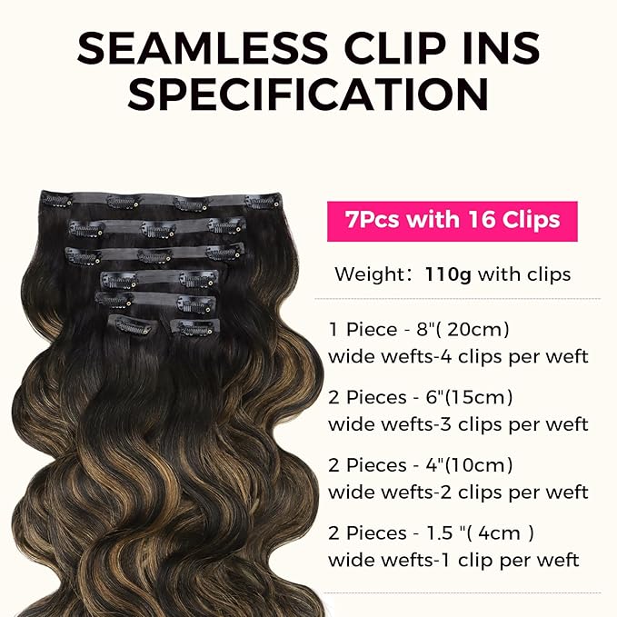 Lashey Seamless Clip in Hair Extensions Human Hair Natural Black Mixed Chestnut Brown 110g 7pcs 18 Inch Body Wave Hair Extensions Clip ins with PU Weft Soft Invisi Edge