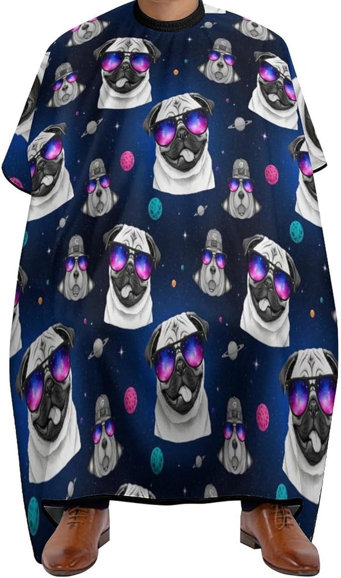 Extra Long Professional Salon Cape, Haircut Apron Galaxy Pug with Cool Glass Hair Cutting Gown for Styling Hair Cut Hairdresser