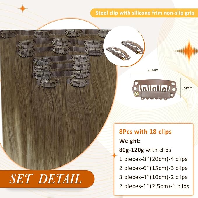 Full Shine Clip in Hair Extensions Real Human Hair Brown Ombre Invisible Hair Extensions Ombre Ash Brown to Platinum Blonde Real Hair Clip ins 20 Inch 8 PCS 120 G