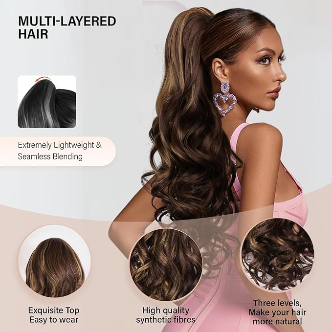 24 Inch Ponytail Extension, Clip on Ponytails for Women, Long Curly Wavy Ponytail Extensions for Women, Synthetic Layered Pony Tails Hair Extensions (Color: Brown with Blonde Highlights)