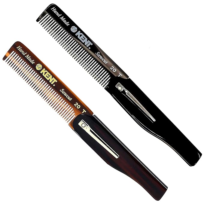 Kent 20T Handmade Folding Pocket Comb for Men, Fine Tooth Hair Comb Straightener for Everyday Grooming Styling Hair, Beard or Mustache, Use Dry or with Balms, Saw Cut Hand Polished, Made in England
