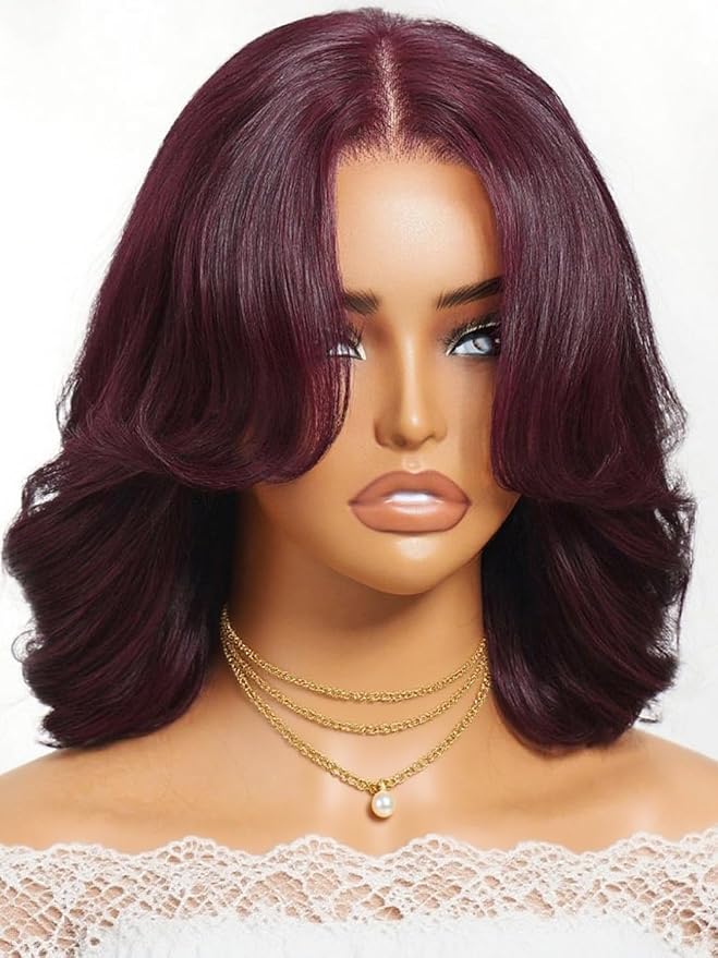 KLAIYI Black Cherry Bob Loose Body Wave Precut 7x5 HD Lace Front Wigs Human Hair Glueless Bye Bye Knots Drawstring Red Burgundy Wig with Curtian Bang Pre Plucked Bleached Ready to Put On And Go 10Inch
