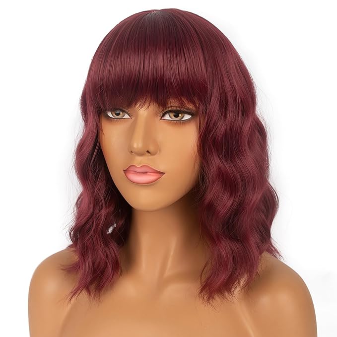 Short Bob Wigs with Bangs for Women Loose Wavy Wig Curly Wavy Shoulder Length Bob Synthetic Cosplay Wig for Girl Colorful Costume Wigs (Auburn)