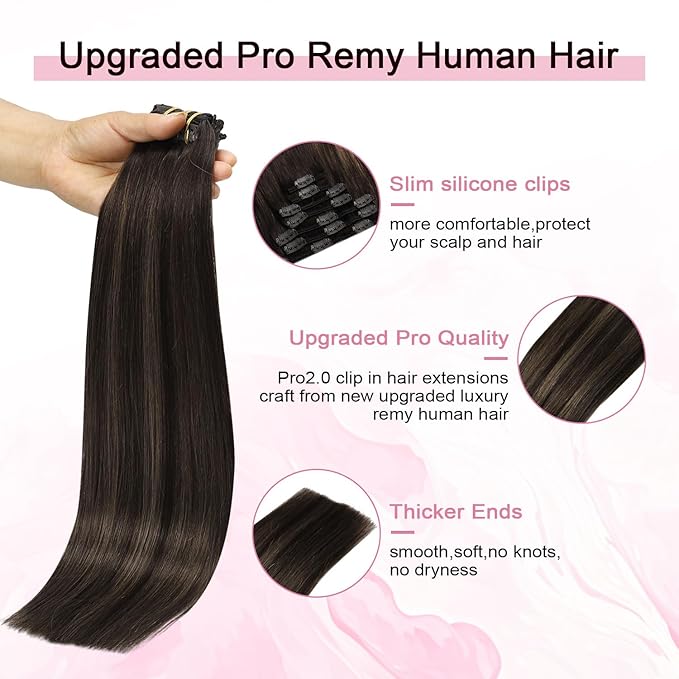 Pro2.0 Remy Clip in Extensions Real Human Hair #2/6/2 Balayage Dark Brown to Chestnut Brown Remy Clip in Hair Extensions Real Human Hair 18inch 120g Thick 7pcs Double Weft（#2/6/2-18inch）