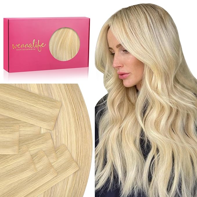 WENNALIFE Invisi Edge Tape in Hair Extensions Human Hair, 22 Inch 50g 20pcs Light Blonde Highlighted Golden Blonde Invisible Luxury Remy Hair Extensions Natural Seamless Injected Tape Ins Straight