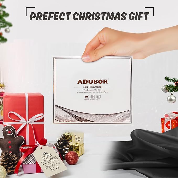 Adubor Silk Pillowcase 2 Pack for Hair and Skin with Hidden Zipper, Both Sides 23 Momme Silk Pillow Case (Black, Standard: 20''x26'')