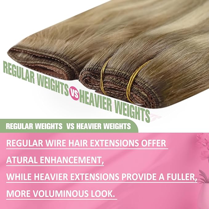 YoungSee Wire Human Hair Extensions Light Brown Invisible Wire Hair Extensions Balayage Light Brown Mix Platinum Blonde Fish Line Hair Extension with Extra Clips 80G 18In
