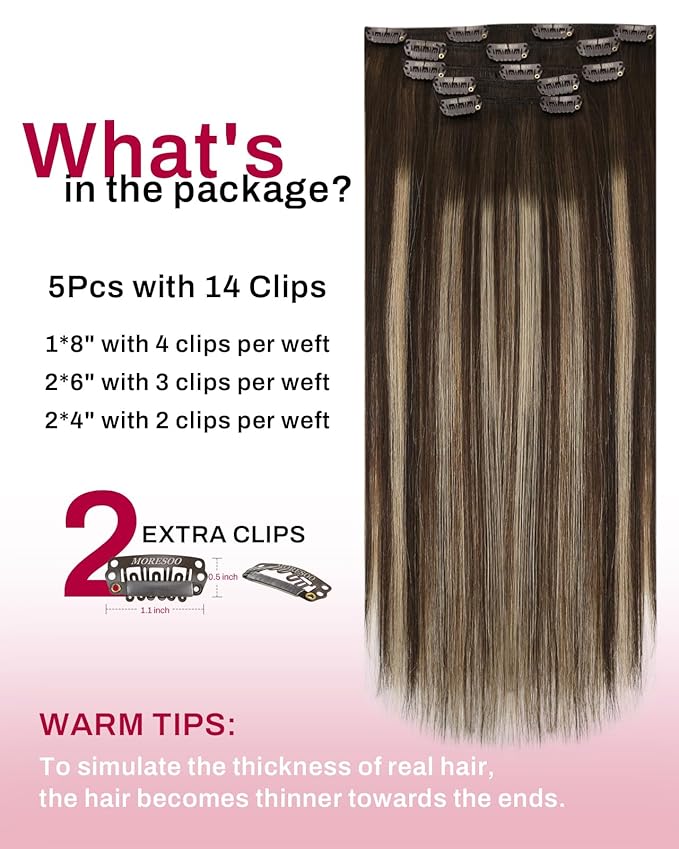 Moresoo Clip in Hair Extensions Real Human Hair Balayage Dark Brown with Caramel Blonde 5pcs 80g Remy Straight Invisible Lace Double Weft Ombre Human Hair Clip in Extensions 18inch