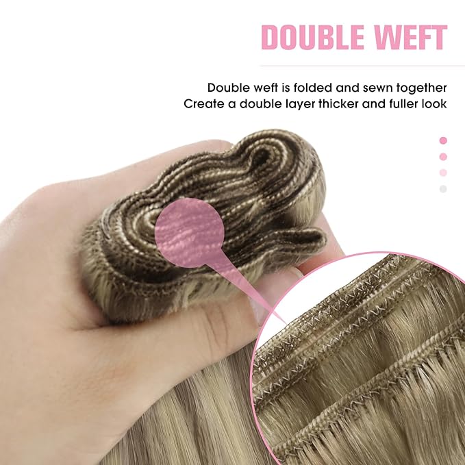 YoungSee 100G Weft Hair Extensions Highlight Human Hair Weft Extensions Light Brown Highlight Blonde Sew in Hair Extensions Real Human Hair for Short Hair 14Inch