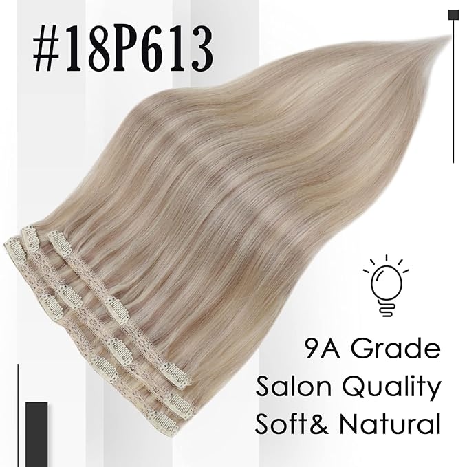Full Shine Ash Blonde Hair Extensions 3 Pcs 60 G Highlight Ash Blonde Human Hair Clip in Extensions 12 Inch Clip in Human Hair Extensions for Highlights