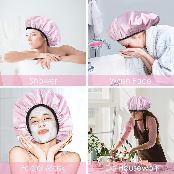 Aquior Shower Cap,Extra Large Triple Layer Bathing Cap with Dry Hair Function for Women Microfiber Terry Cloth Silky Satin 100% Waterproof Reusable Long Hair Bath Caps (Pink Cloud)