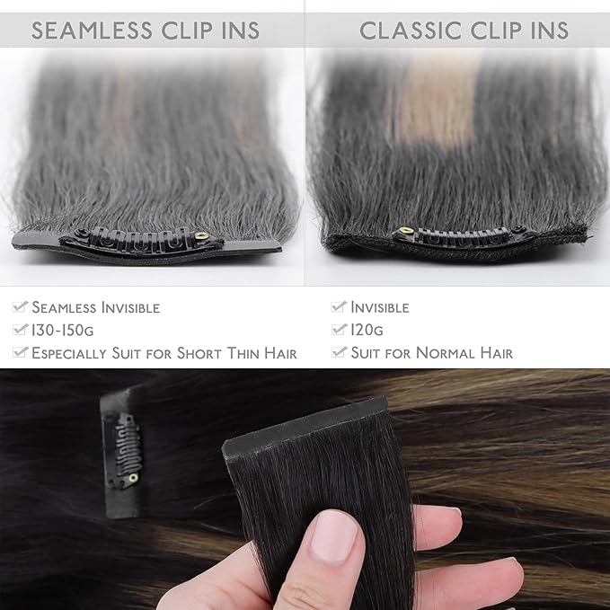 WENNALIFE Seamless Clip In Hair Extensions, 18 Inch 130g 7pcs Natural Black Mixed Chestnut Brown Hair Extensions Clip in Human Hair Invisible PU Skin Weft Natural Remy Human Hair Extensions