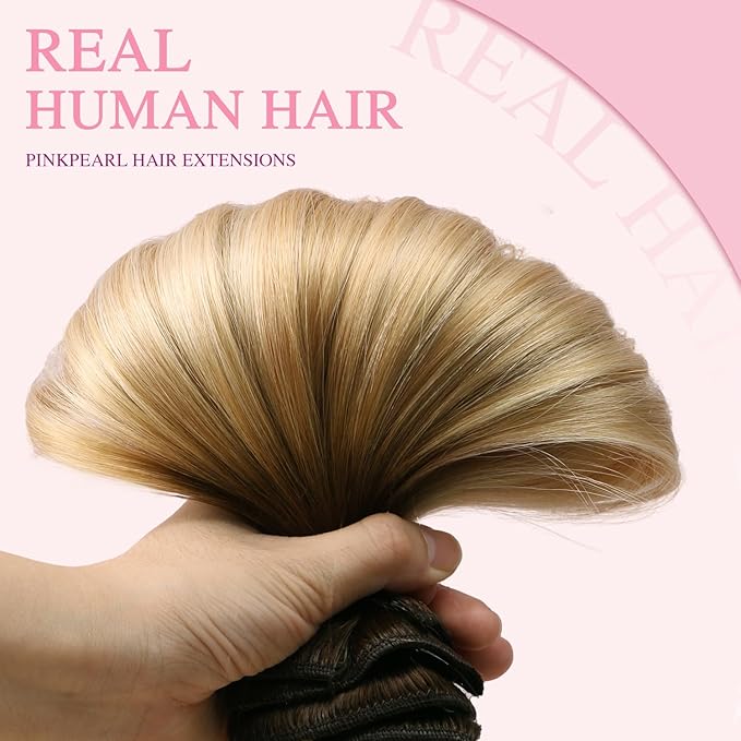 PINKPEARL Clip in Hair Extensions Real Human Hair, Remy Human Hair Extensions Clip ins, 20inch 120g 7Pcs, #4/27/60 Balayage Chocolate Brown to Caramel Blonde and Platinum Blonde(#4/27/60-20)