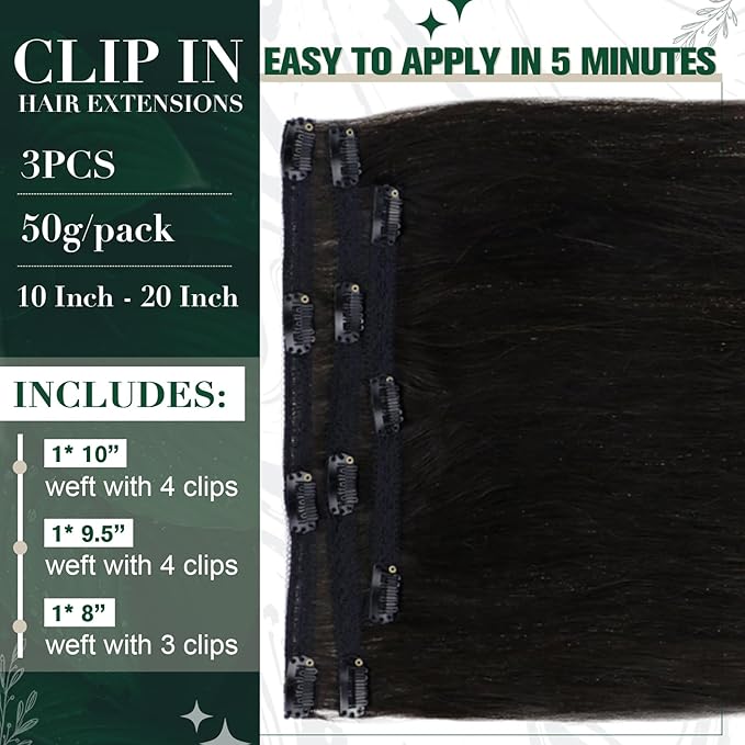 RUNATURE Black Clip in Hair Extensions Real Human Hair, Remy Hair Extensions Clip Ins, Double Weft Human Hair Clip in Extensions for Women, Add Hair Length, 18 Inch 50g 3pcs #1B Off Black