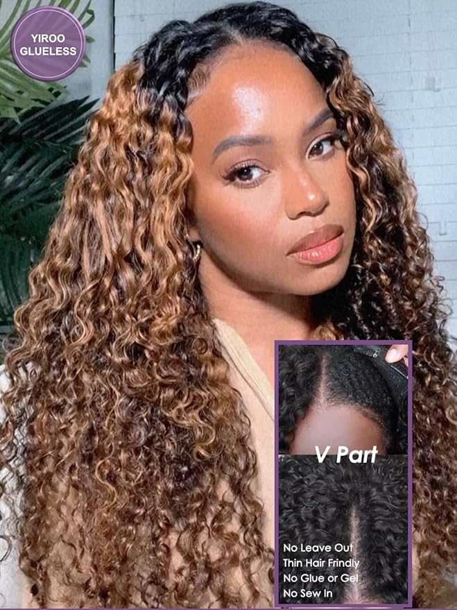 YIROO EasiContour V Part Wigs Ombre Brown Glueless Human Hair Upgrade U Part Wig with Dark Roots Highlight V Shape Clip Wigs Beginner Friendly with Drawstring Ready to Wear Chestnut Brown Color 24Inch