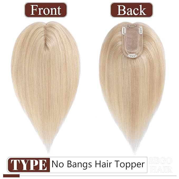 SEGO Real Human Hair Topper for Women No Bangs, Hair Topper with Anti-Slip Clips (6 Inches Ash Blonde Mix Bleach Blonde)
