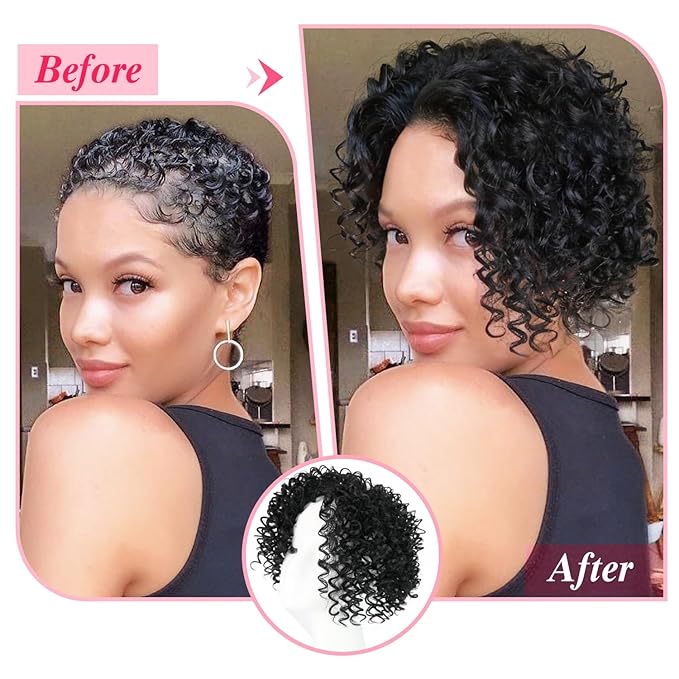 Natural Afro Kinky Curly Short Hair Toppers with Bangs Black Clip in Synthetic Wiglets Hair Pieces for Men and Women with Thinning Hair Instant Volume and Style(T27/33#)