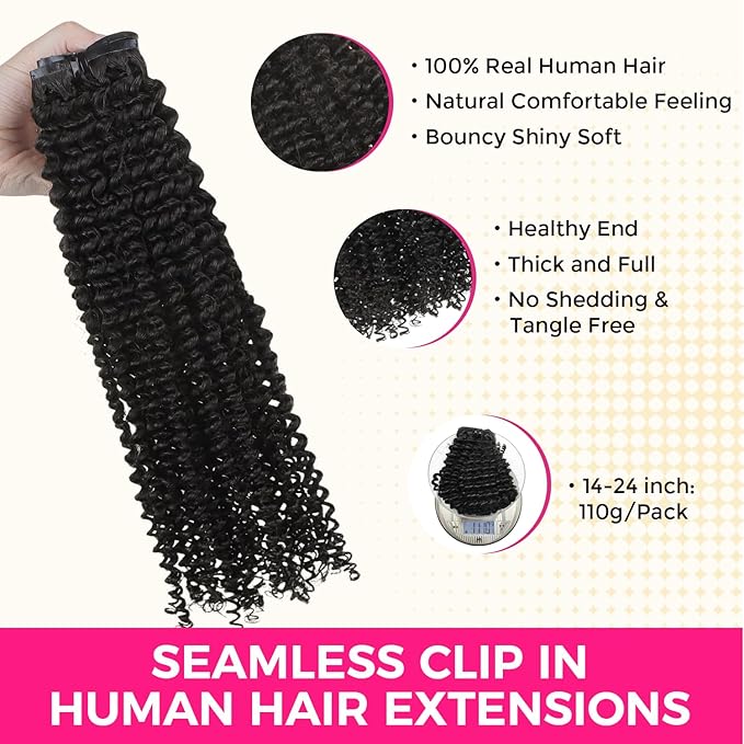 Lashey Seamless Clip in Hair Extensions Kinky Curly 110g 7pcs PU Weft Hair Extensions Clip in Human Hair with Invisi Edge Natural Black 20 Inch Real Human Hair Extensions for Women