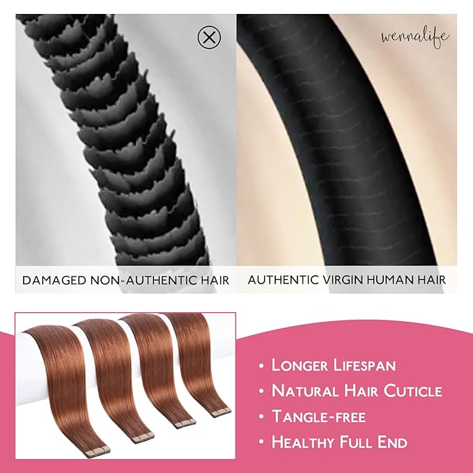 WENNALIFE Tape in Hair Extensions Human Hair Dark Auburn Copper Tape in Extensions, 10pcs 25g 14 inch Remy Invisible Tape Ins Straight Colored Soft Real Human Hair Tape in Extensions Refill Set Extens