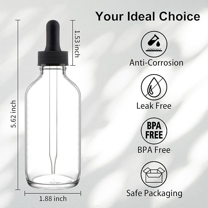 42 Pack 4oz Clear Glass Bottles with Glass Eye Droppers for Essential Oils, Perfumes & Lab Chemicals (Brush, Funnels, 3 Extra Droppers, 48 Pieces Labels & 30ml Measuring Cup Included)