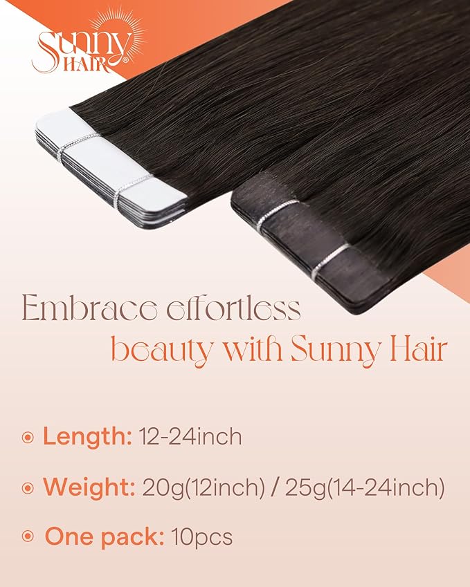 Sunny Hair Tape in Hair Extensions Real Human Hair Invisible Remy Hair Extensions Tape ins for Women Darkest Brown 14 inch 25G