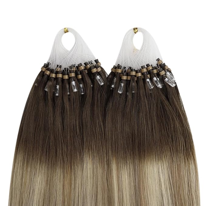 YoungSee Micro Loop Hair Extensions Real Human Hair Balayage Microbead Hair Extensions Human Hair Balayage Brown with Blonde Bead Hair Extension 20In for Photo Shoots 50s/50g