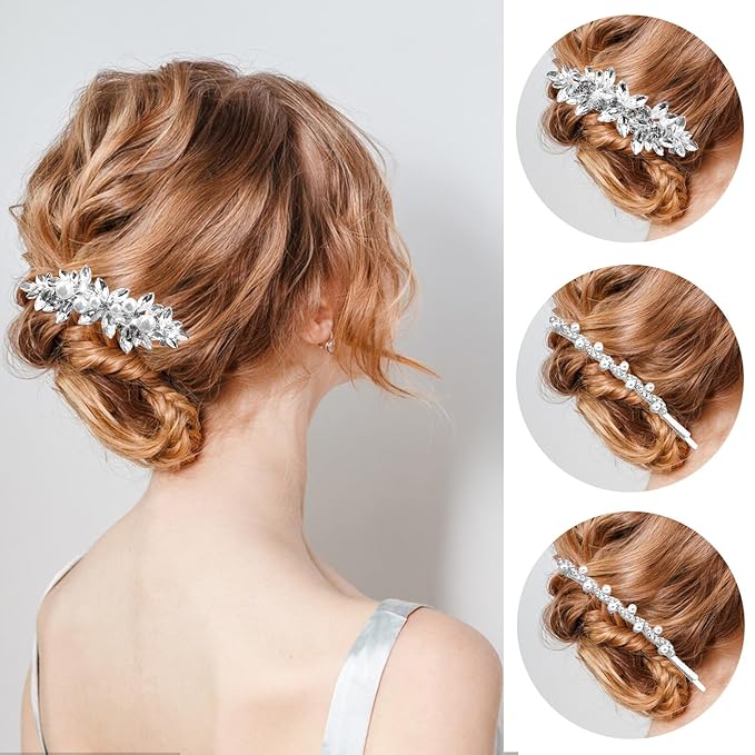 4 Pieces Rhinestone Bridal Hair Clip,Crystal Hair Clips, Rhinestone Jewelry Barrette Vintage Hair Accessories Pearl Hair Clips Hair Accessories for Women Wedding Golden Leaves Golden/Silver Pearls
