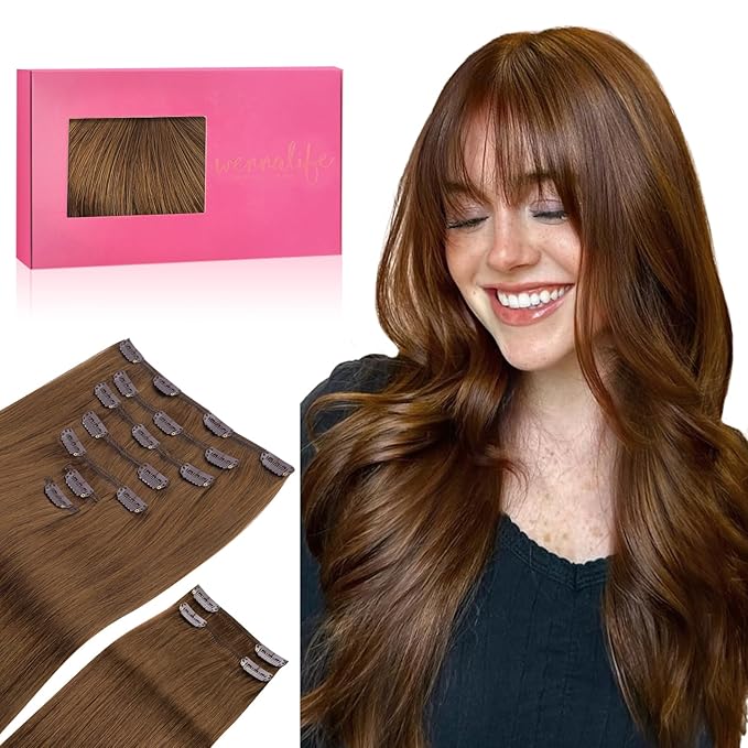 WENNALIFE Clip in Hair Extensions, 150g 24 Inch 9pcs Light Auburn Brown Human Hair Extensions Thicker Double Weft Real Human Hair Set