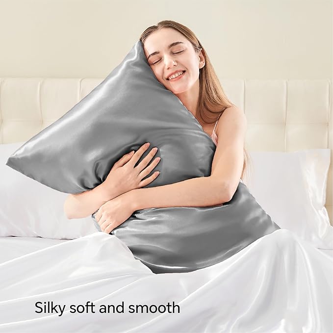 BEDELITE Satin Pillowcase with Zipper, Grey King Size Pillow Cases Set of 2, Super Soft and Cooling Similar to Silk Pillow Cases, Gift for Women Men(20x40 Inches)