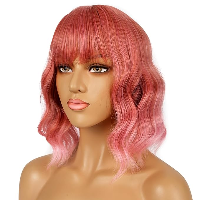 Short Bob Wigs with Bangs for Women Loose Wavy Wig Curly Wavy Shoulder Length Bob Synthetic Cosplay Wig for Girl Colorful Costume Wigs (Dark Pastel Pink)