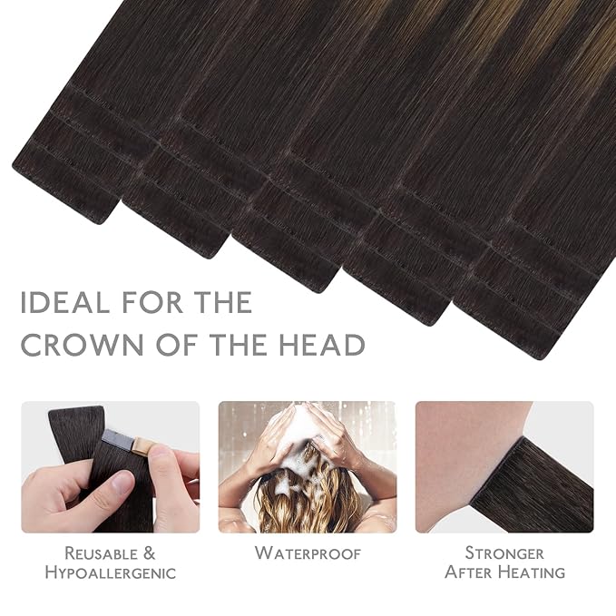 WENNALIFE Invisi Edge Tape in Hair Extensions Human Hair, 24 Inch 50g 20pcs Balayage Dark Brown Mixed Chestnut Brown Invisible Luxury Remy Hair Extensions Natural Seamless Injected Tape Ins Straight
