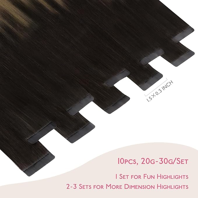 WENNALIFE Tape in Hair Extensions Human Hair Dark Brown to Chestnut Brown and Dirty Blonde Highlighted, 10pcs 20g 12 inch Remy Invisible Tape Ins Straight Colored Soft Refill Set