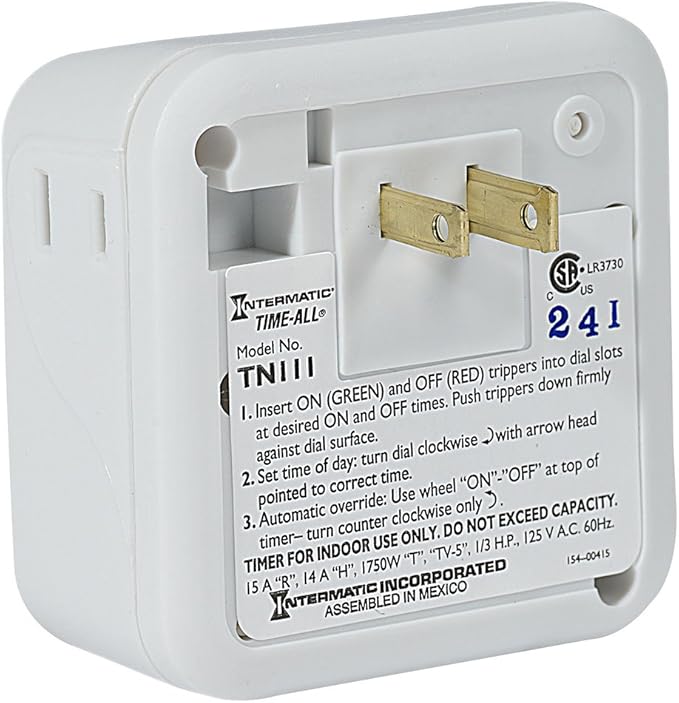 Intermatic TN111K 15-Amp Indoor Timer - Versatile 24-Hour Control - Easy Manual Override and Single 2-Prong Design (1 Pack)