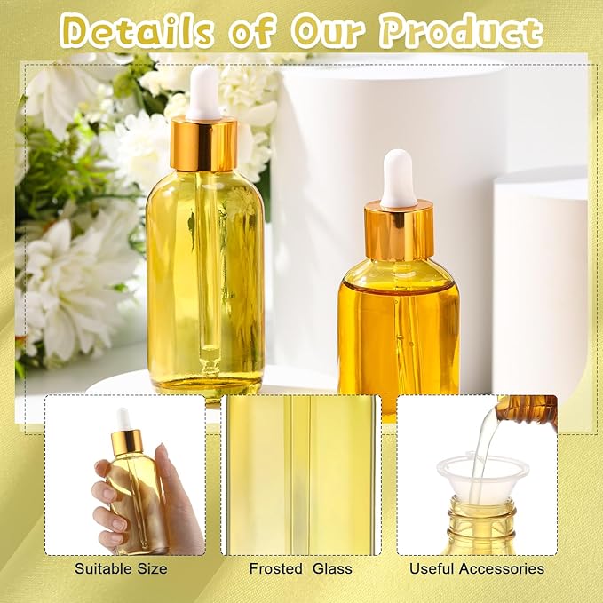 Dandat 50 Pack 4 oz Glass Dropper Bottles Leakproof 120 ml Glass Tincture Bottles with Eye Droppers, 4 Funnels, 54 Labels for Essential Oil Perfumes Hair Oil(Yellow)